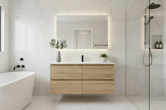 NELSON WALL HUNG VANITY | 1200MM | LIGHT OAK | PLYWOOD | DOUBLE BASIN - The Tile Collection™