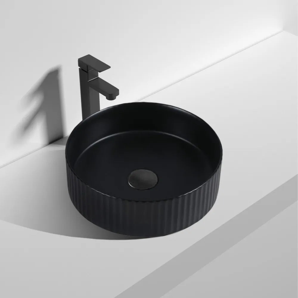360MM ROUND FLUTED CERAMIC BASIN - MATT BLACK (ABOVE-COUNTER )