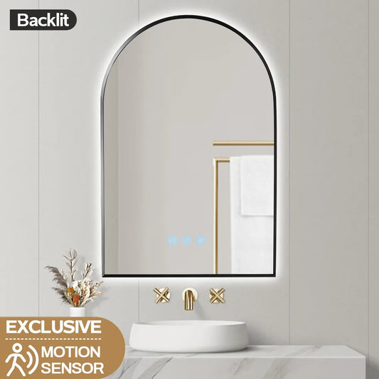 600x900MM GUNMETAL GREY METAL FRAME ARCHED BACKLIT LED MIRROR WITH MOTION SENSOR | DEFOGGER | 3 COLOURS LIGHTS