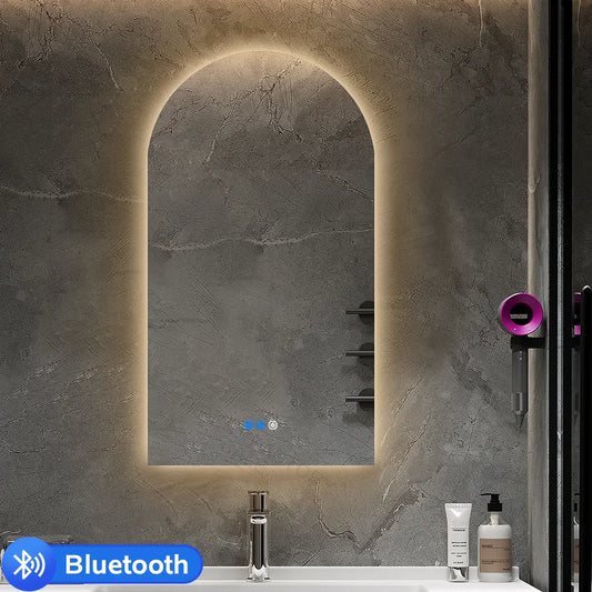 900x500MM ARCH BACKLIT LED MIRROR WITH BLUETOOTH SPEAKER | DEFOGGER | 3 COLOURS LIGHTS