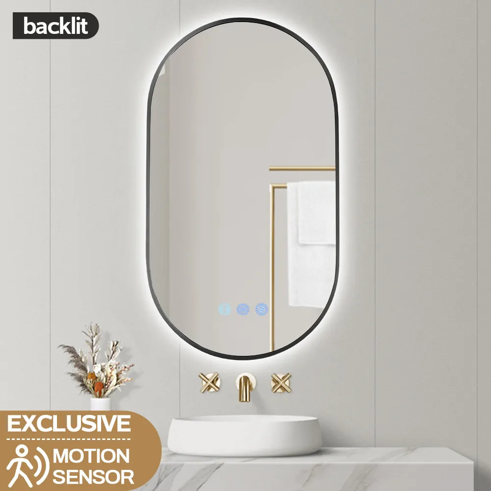 900x500MM GUNMETAL GREY FRAME OVAL BACKLIT LED MIRROR WITH MOTION SENSOR | DEFOGGER | 3 COLOURS LIGHTS