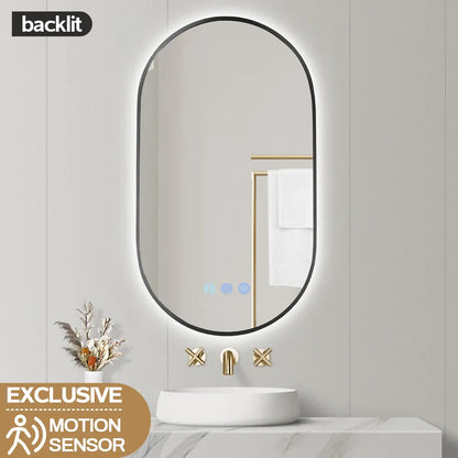 900x500MM GUNMETAL GREY FRAME OVAL BACKLIT LED MIRROR WITH MOTION SENSOR | DEFOGGER | 3 COLOURS LIGHTS