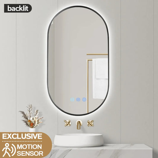 900x500MM GUNMETAL GREY FRAME OVAL BACKLIT LED MIRROR WITH MOTION SENSOR | DEFOGGER | 3 COLOURS LIGHTS