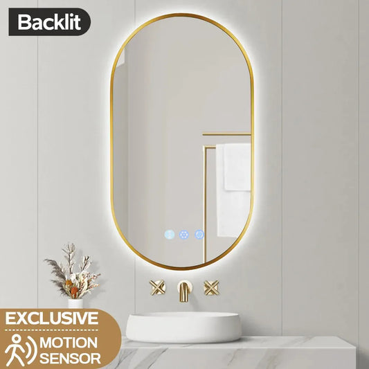900x500MM BRUSHED BRASS  FRAME OVAL BACKLIT LED MIRROR WITH MOTION SENSOR | DEFOGGER | 3 COLOURS LIGHTS