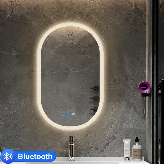 800x500MM OVAL LED MIRROR WITH BLUETOOTH SPEAKER | DEFOGGER | 3 COLOURS LIGHTS