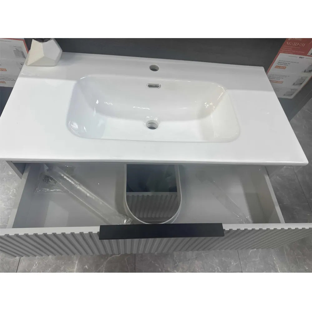 750MM FLUTED GREY FLOORSTANDING PLYWOOD VANITY WITH CERAMIC TOP - The Tile Collection™