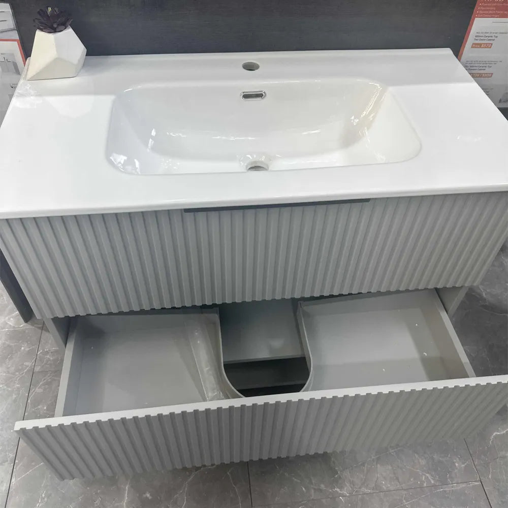 900MM FLUTED GREY FLOORSTANDING PLYWOOD VANITY WITH CERAMIC TOP - The Tile Collection™