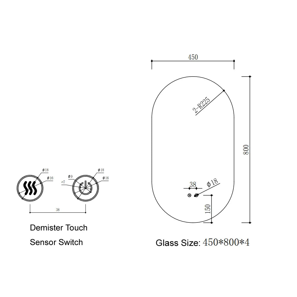 900x450MM PILL SHAPE BACKLIT LED MIRROR WITH TOUCH SENSOR | DEFOGGER | 3 COLOURS LIGHTS