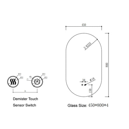 900x450MM PILL SHAPE BACKLIT LED MIRROR WITH TOUCH SENSOR | DEFOGGER | 3 COLOURS LIGHTS