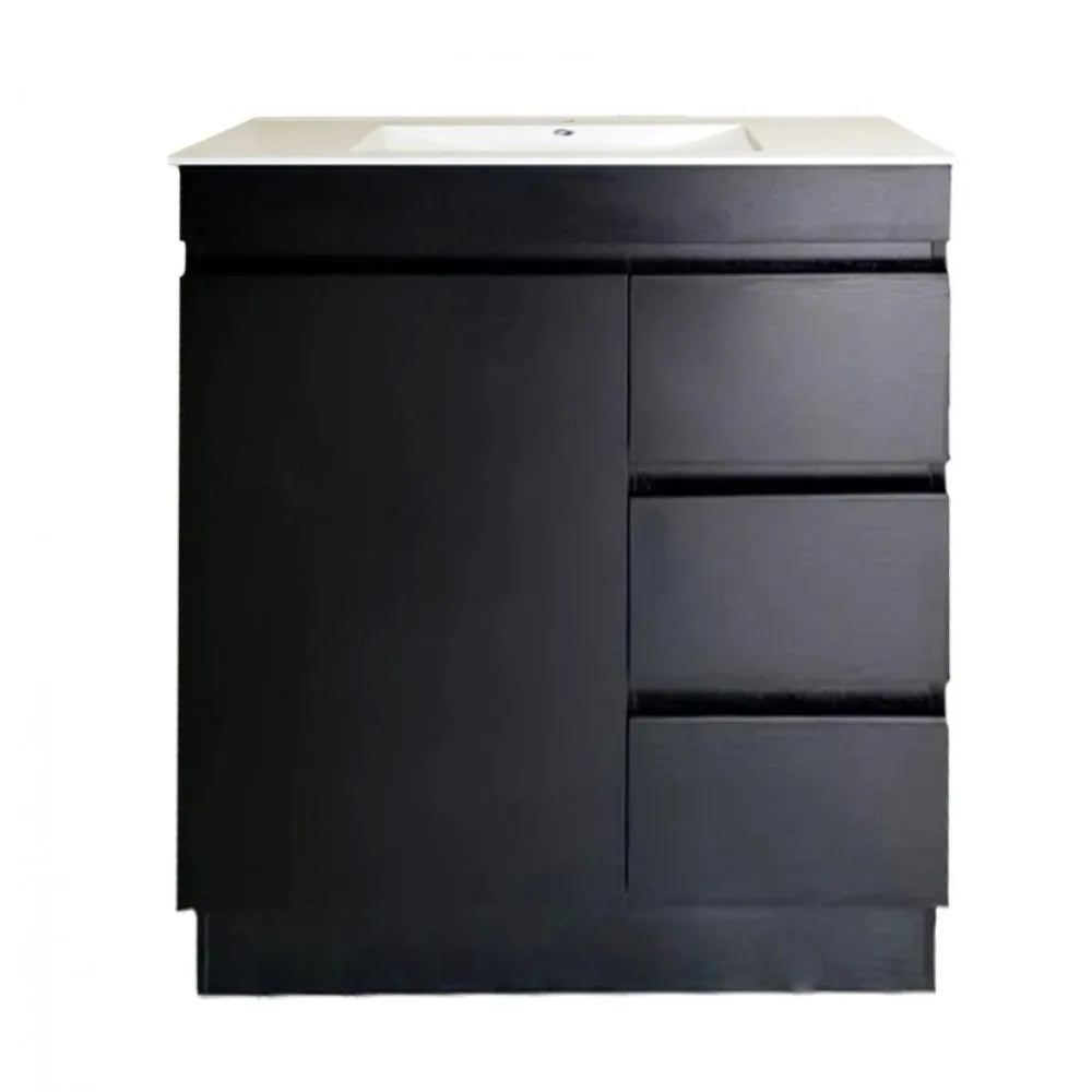 900MM MADRID DARK OAK PLYWOOD FLOORSTANDING VANITY WITH CERAMIC TOP