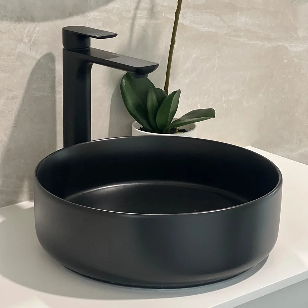 355MM ROUND ABOVE-COUNTER CERAMIC BASIN - MATT BLACK