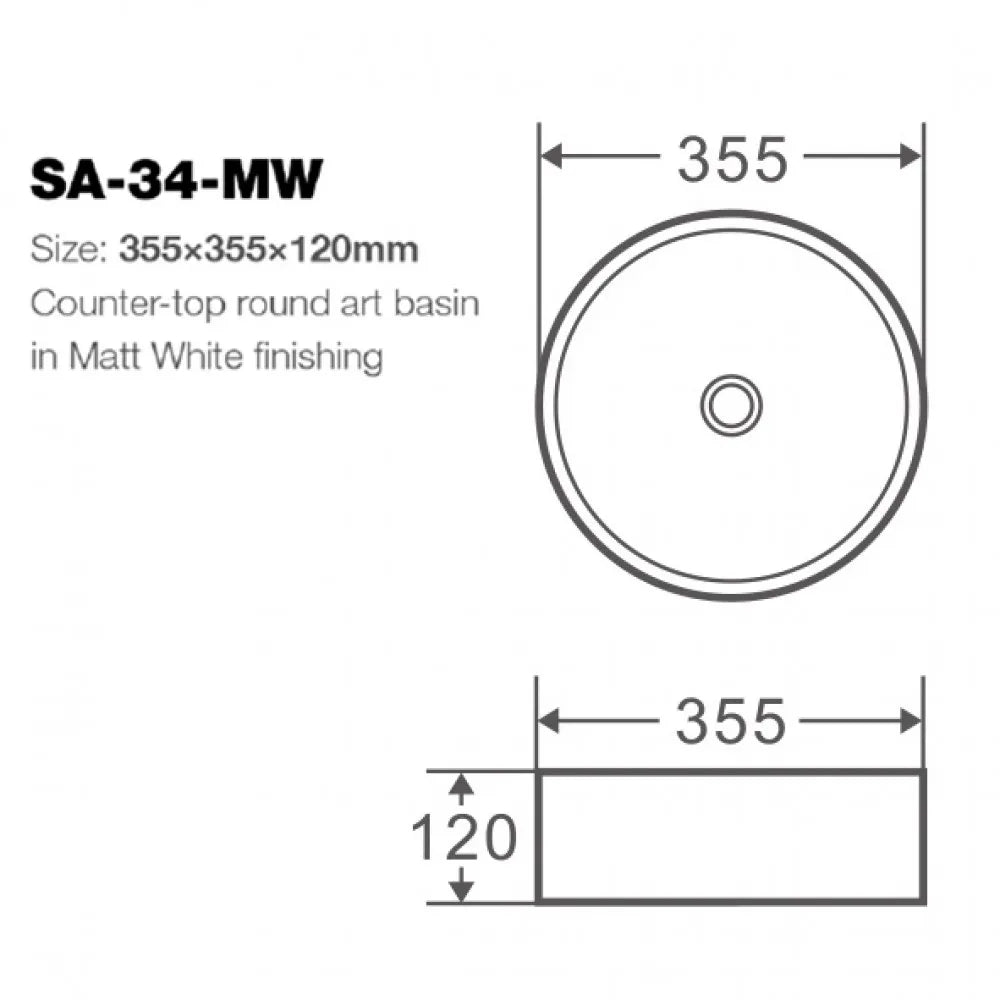 355MM ROUND ABOVE-COUNTER CERAMIC BASIN - MATT WHITE