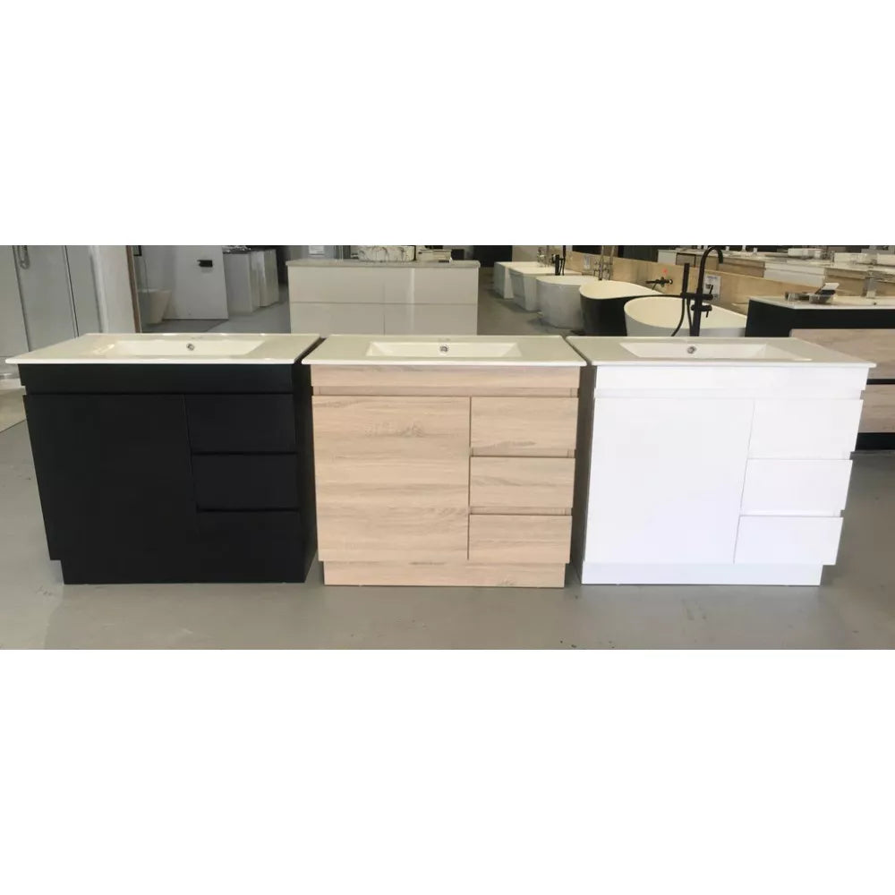 900MM MADRID DARK OAK PLYWOOD FLOORSTANDING VANITY WITH CERAMIC TOP