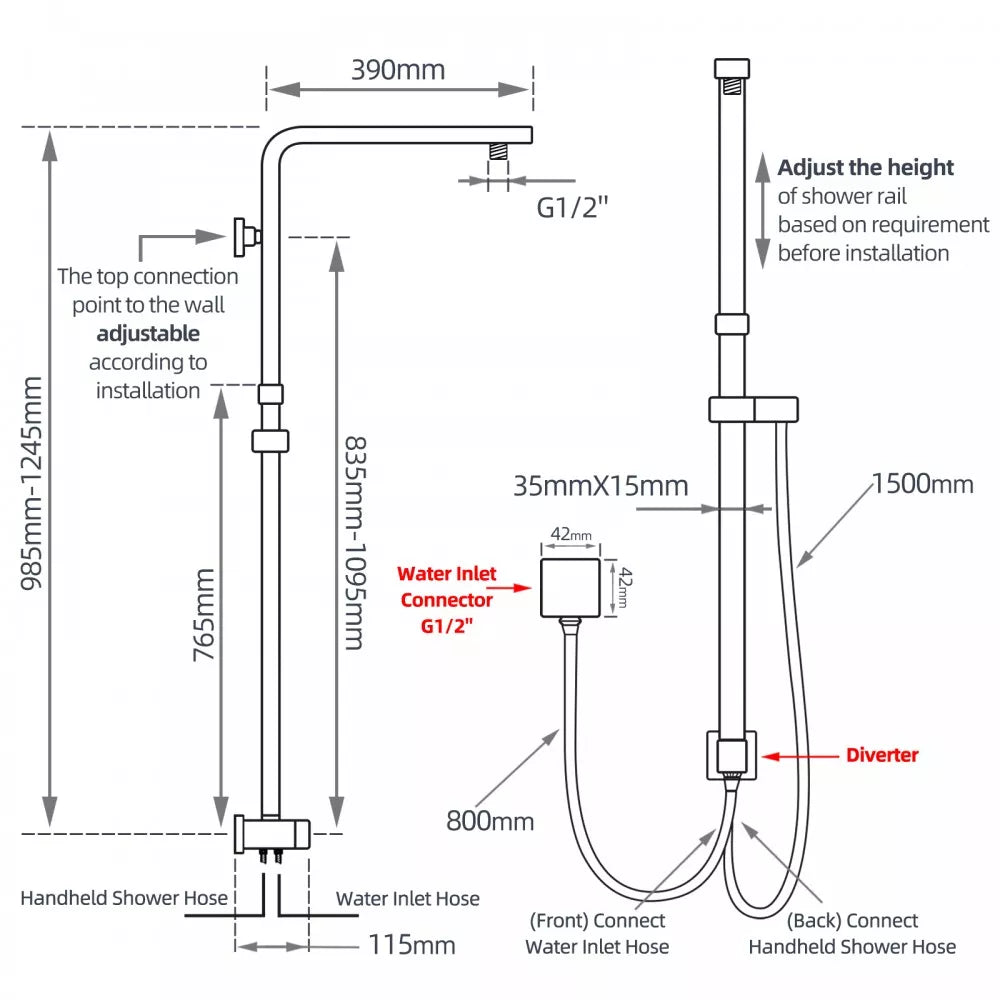 FUSION SQUARE TWIN RAINFALL SHOWER COLUMN WITH UNIVERSAL WATER INLET - 5 COLOURS