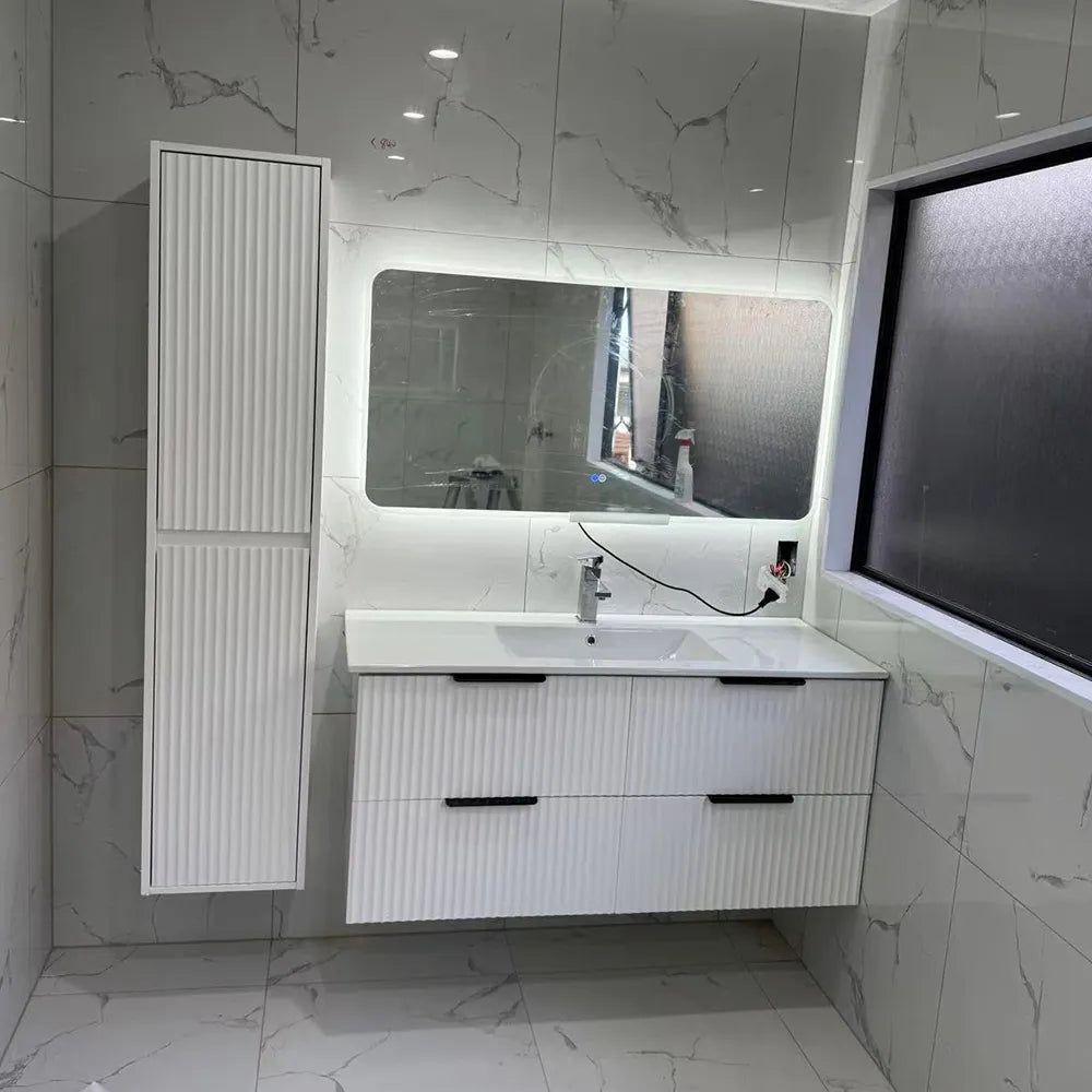 BILLY 1600MM WALL-HUNG TALL BATHROOM CABINET - FLUTED DESIGN, MATT WHITE