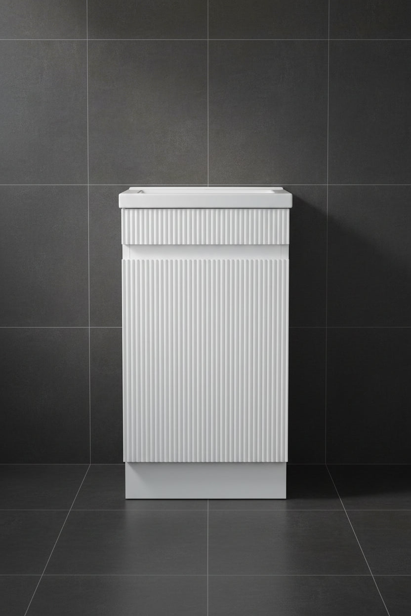 400MM FLUTED MATTE WHITE PLYWOOD FLOORSTANDING VANITY WITH CERAMIC TOP