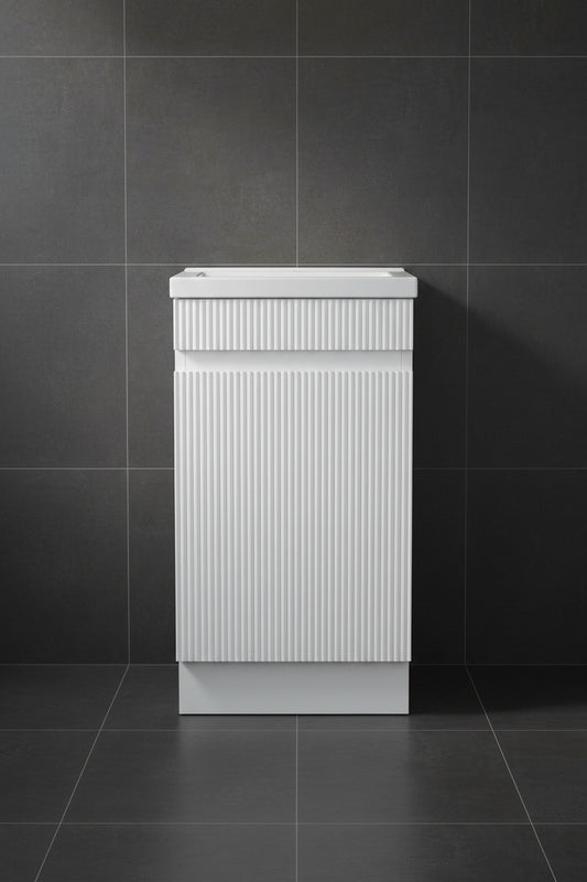 400MM FLUTED MATTE WHITE PLYWOOD FLOORSTANDING VANITY WITH CERAMIC TOP
