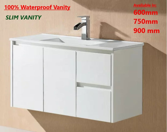 900MM SLIM100% WATERPROOF WALL HUNG VANITY WITH CERAMIC TOP