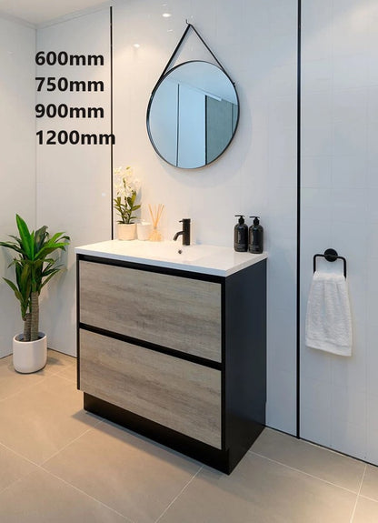 600MM POLO BLACK AND LIGHT OAK FLOORSTANDING VANITY WITH CERAMIC TOP - The Tile Collection™